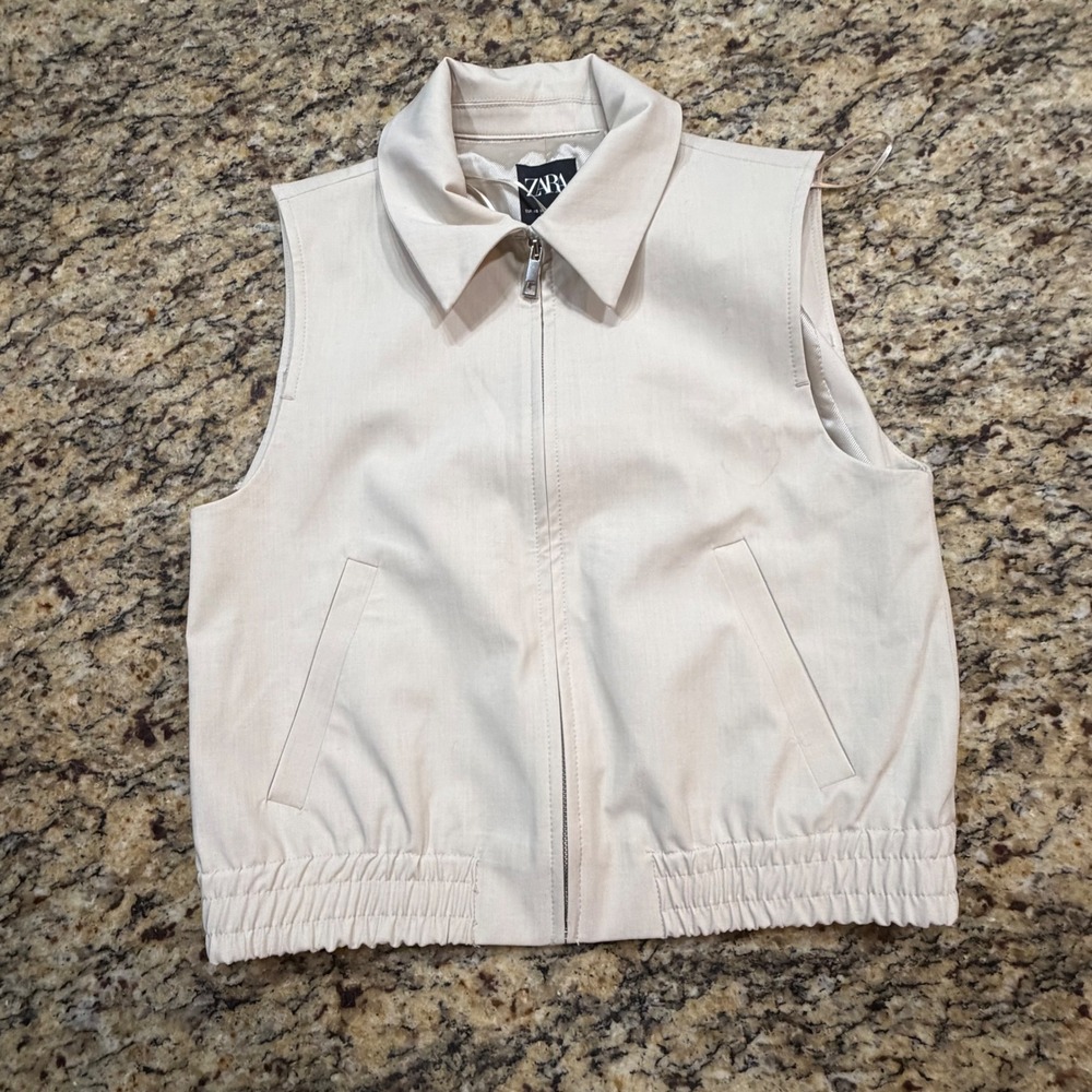 Zara Women Beige Sleeveless Zip Up Bomber Vest Jacket XS ws